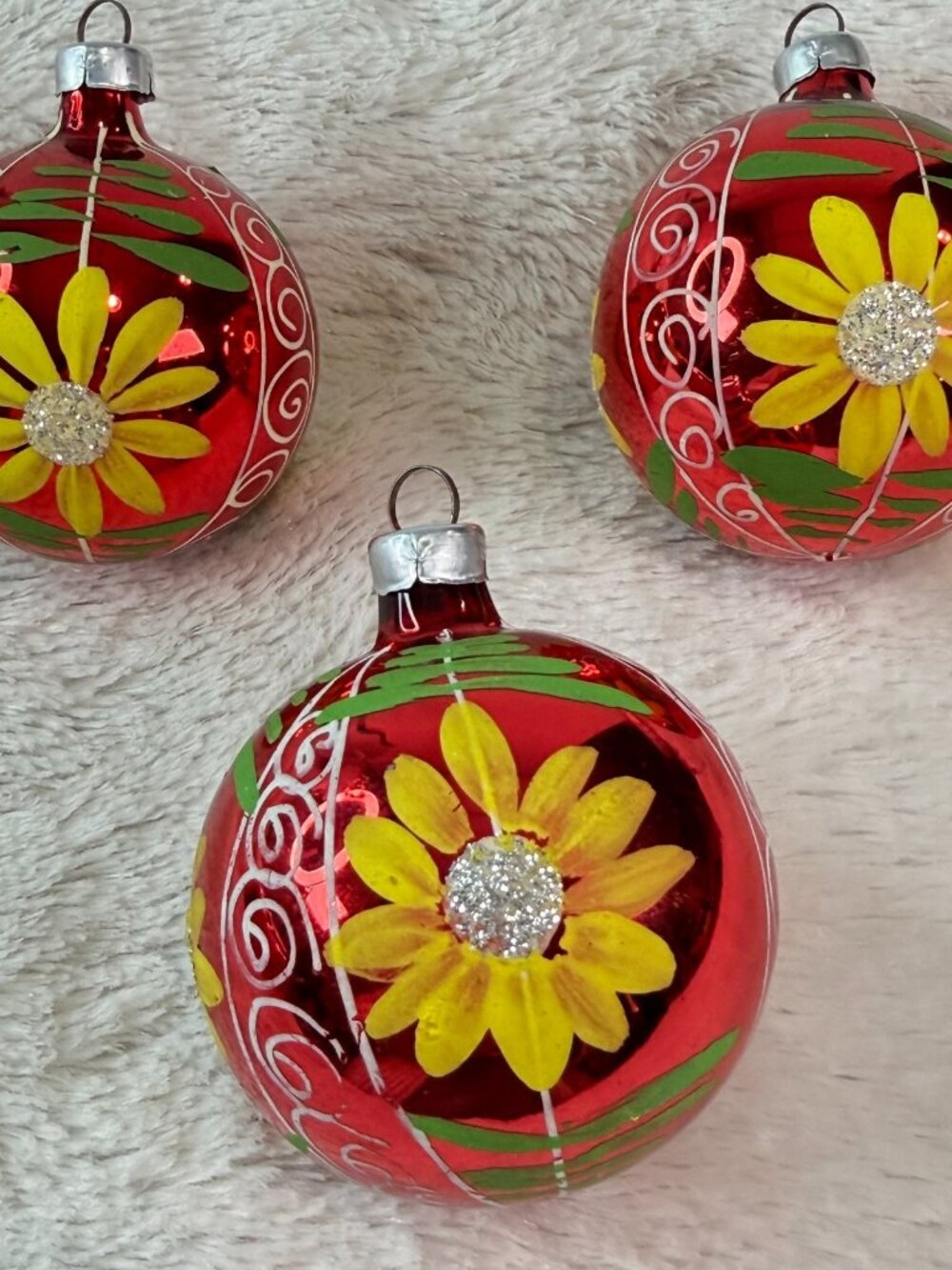 Vintage Christmas Yellow Flower Daisy West Germany Glass Ornament Lot